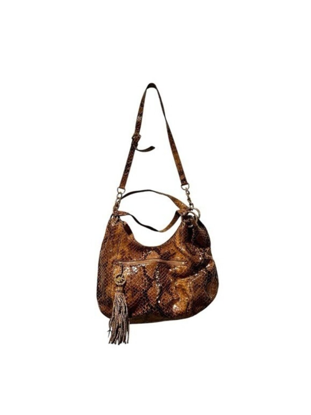 Michael Kors Hobo Purse Handbag Leather Snake Print Brown Y2K Tassle Crossbody